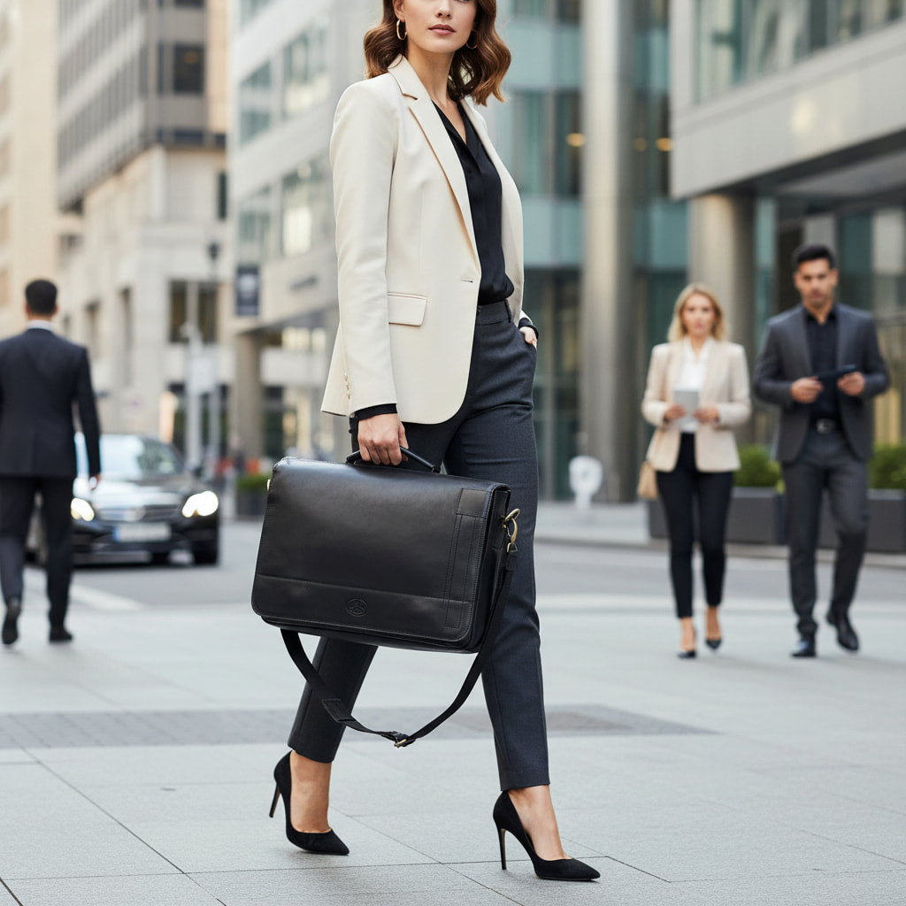 Large Rowallan Black Leather Business Bag, Messenger Bag, Briefcase