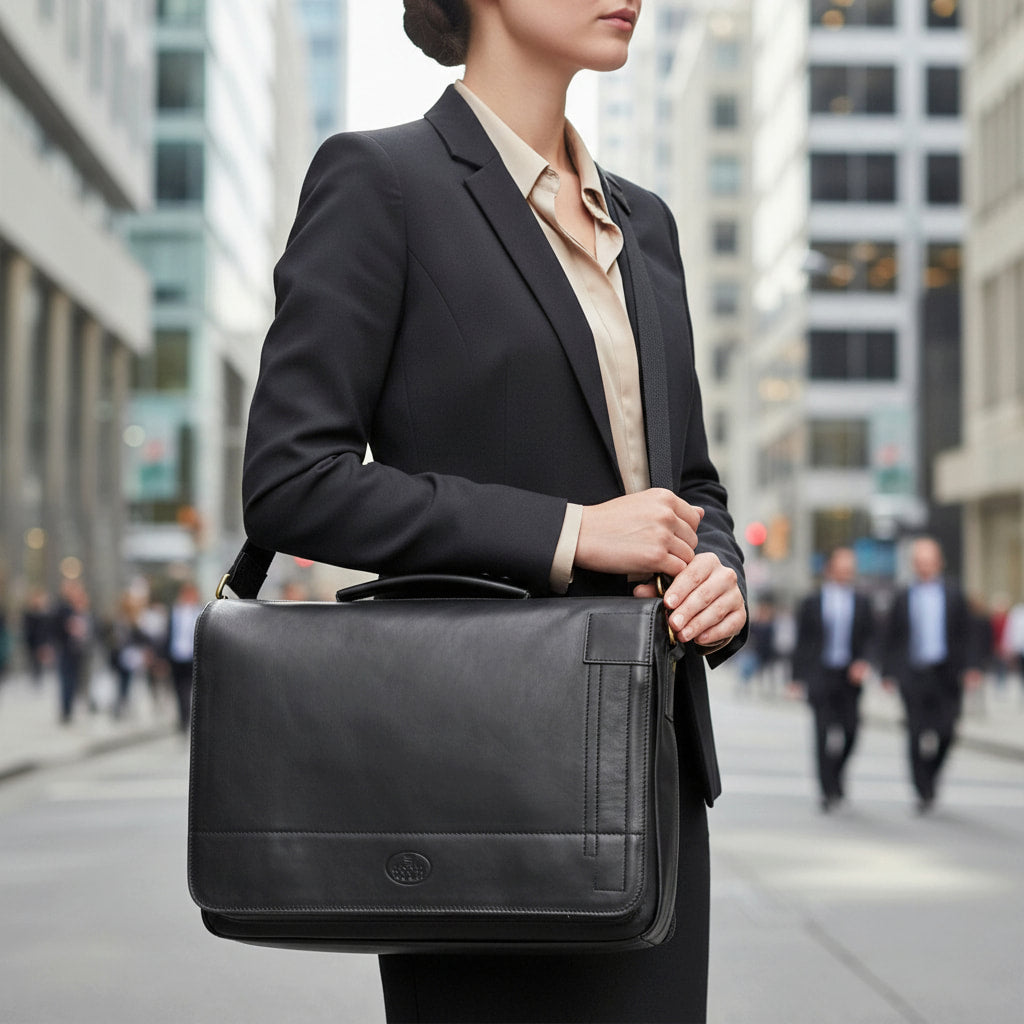 Large Rowallan Black Leather Business Bag, Messenger Bag, Briefcase