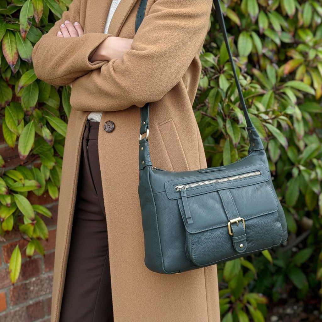 Rowallan Large Green Leather Cross Body Bag, Shoulder Bag