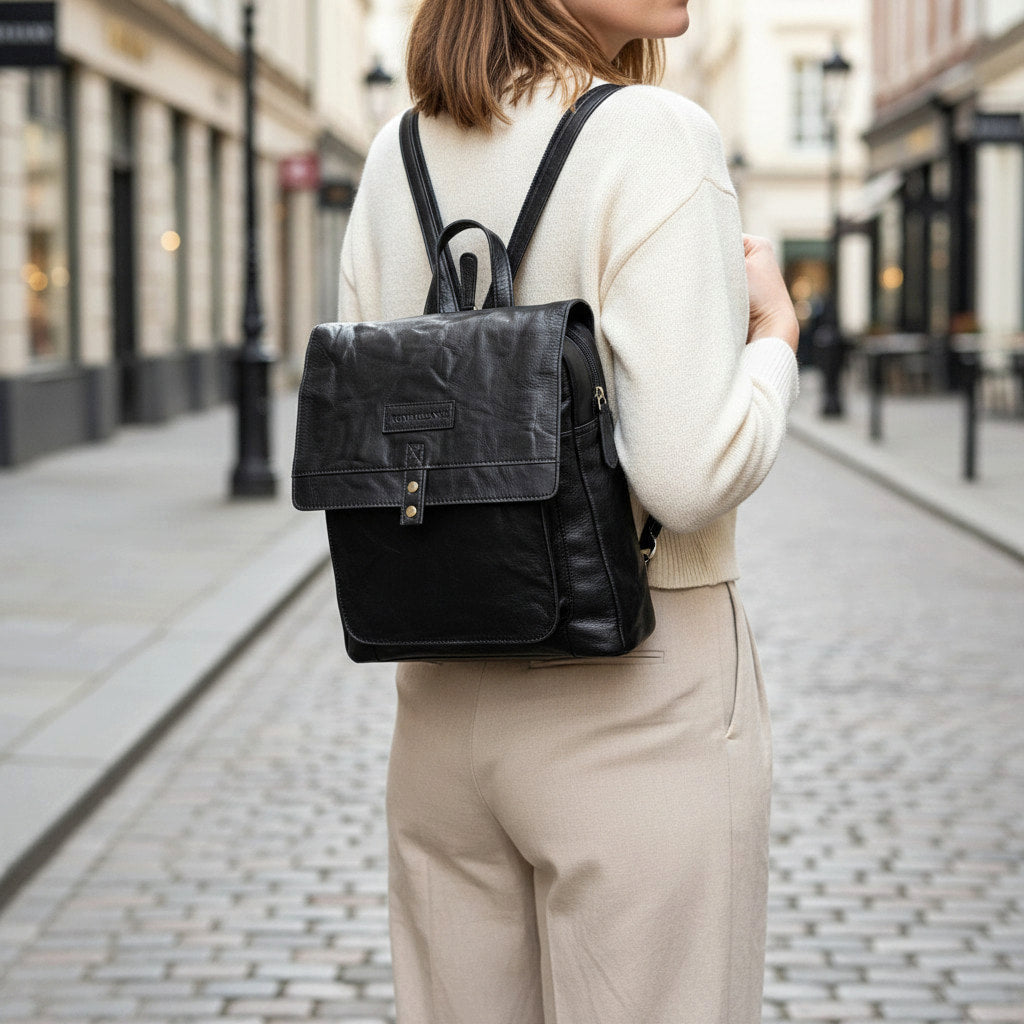 Rowallan Black Leather Backpack