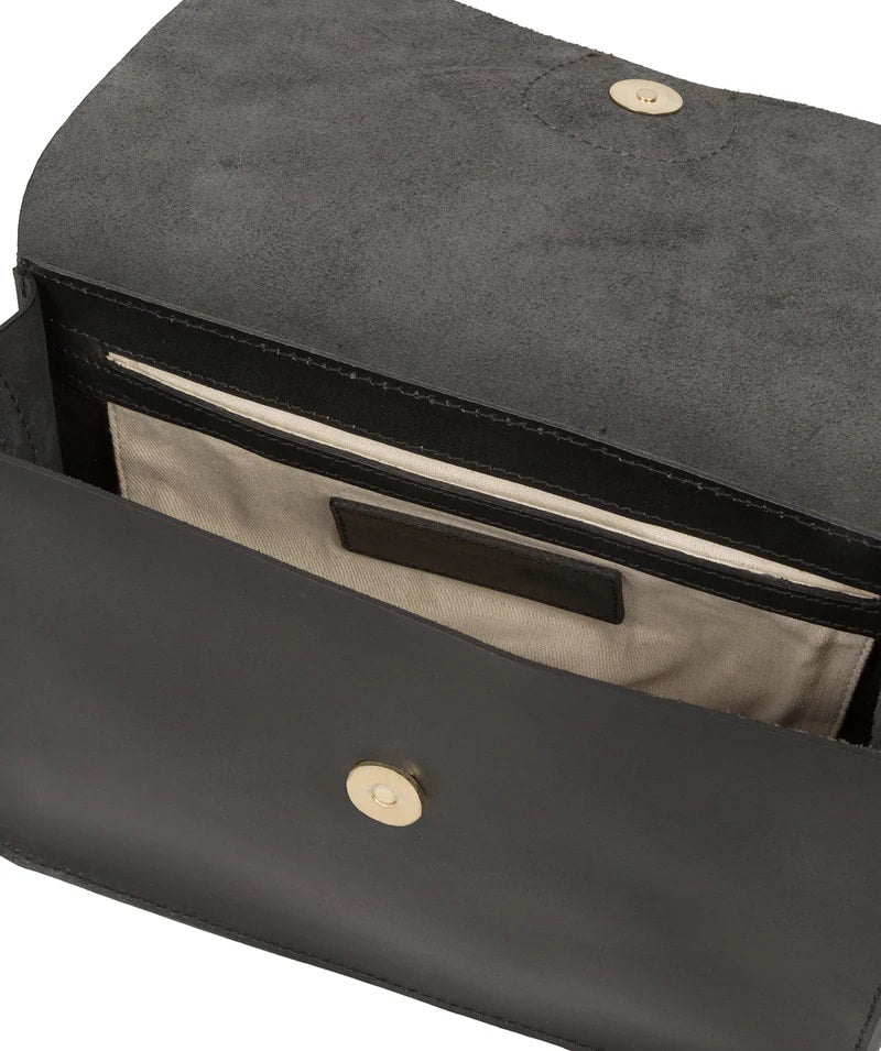 Black Leather Structured Shoulder Bag, Clutch Bag