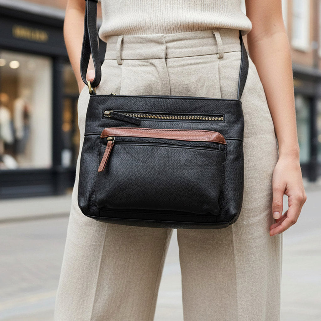 Rowallan Black and Tan Leather Shoulder Bag, Cross Body Bag