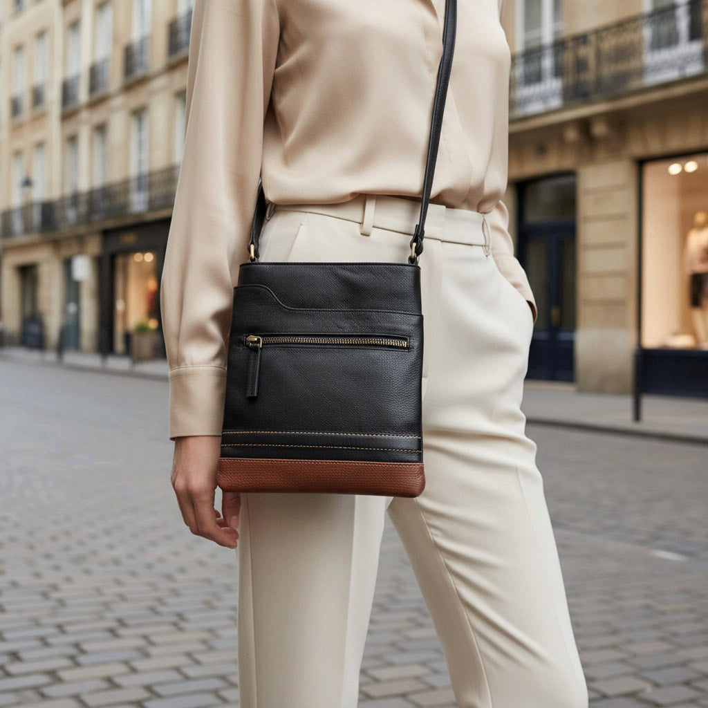 Rowallan Black and Tan Small Leather Shoulder Bag, Cross Body Bag