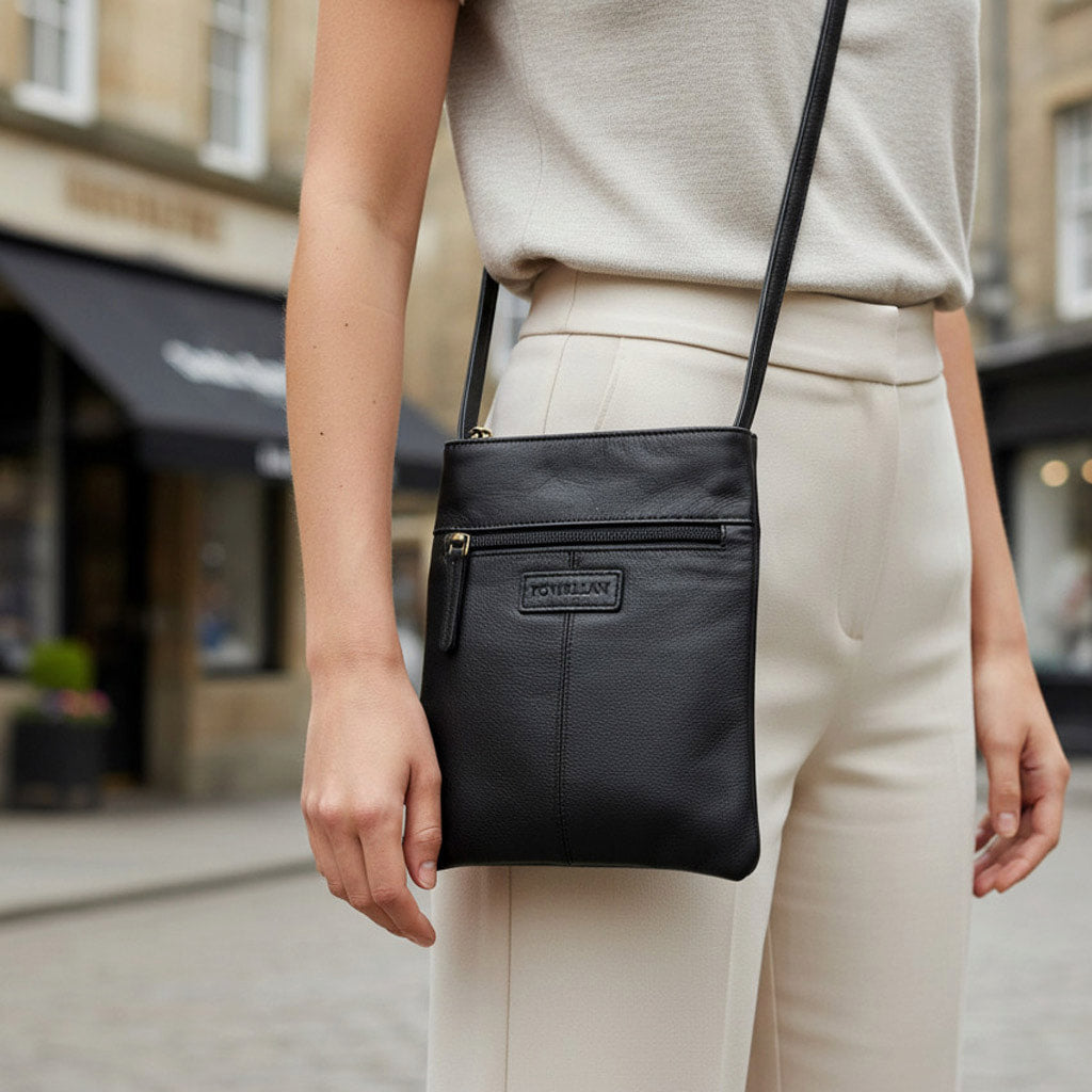 Rowallan Black and Tan Small Leather Shoulder Bag, Cross Body Bag