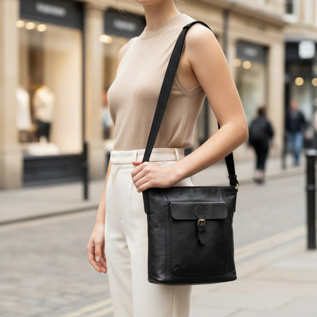 Large Black Leather Shoulder Bag, Cross Body Bag