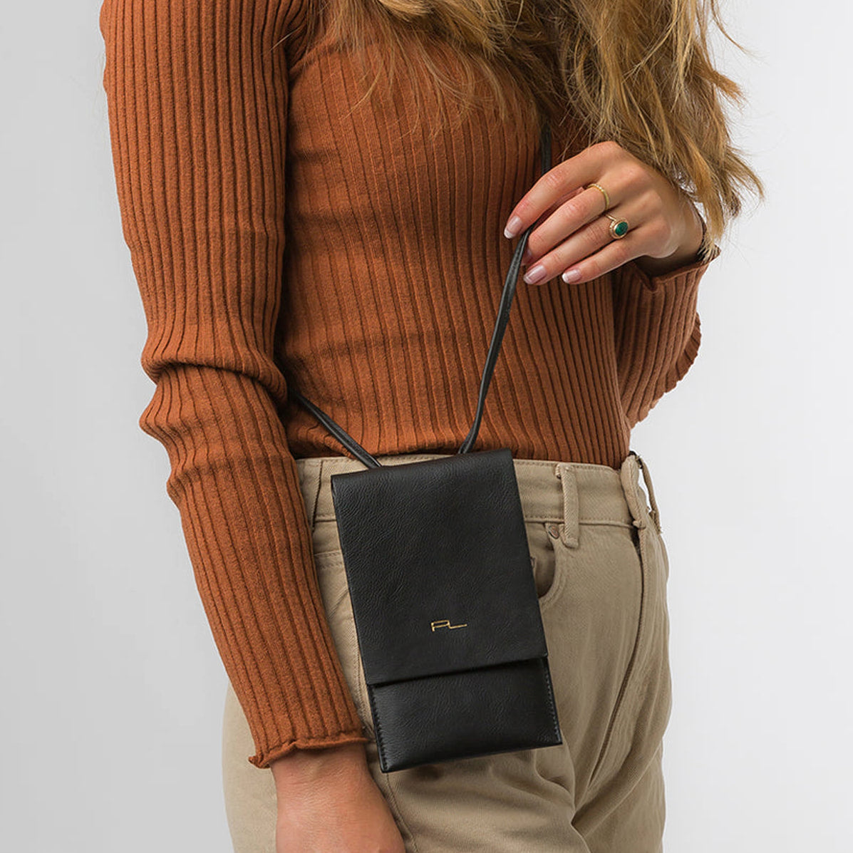 Slim Black Leather Cross Body Phone Bag