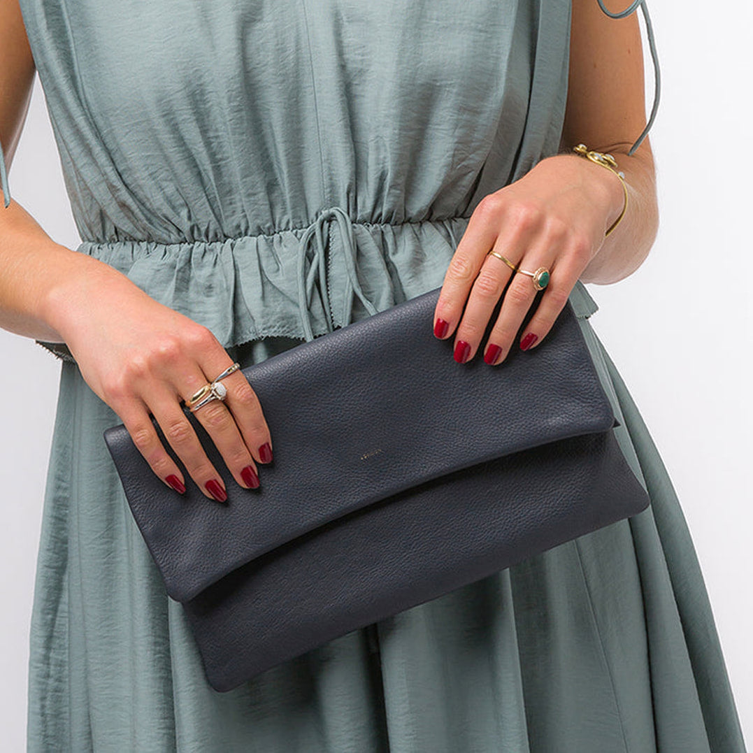 Large Navy Leather Clutch Bag