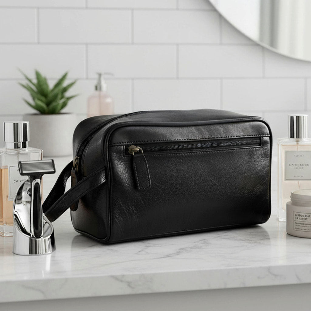 Rowallan Black Buffalo Leather Wash Bag, Toiletry Bag