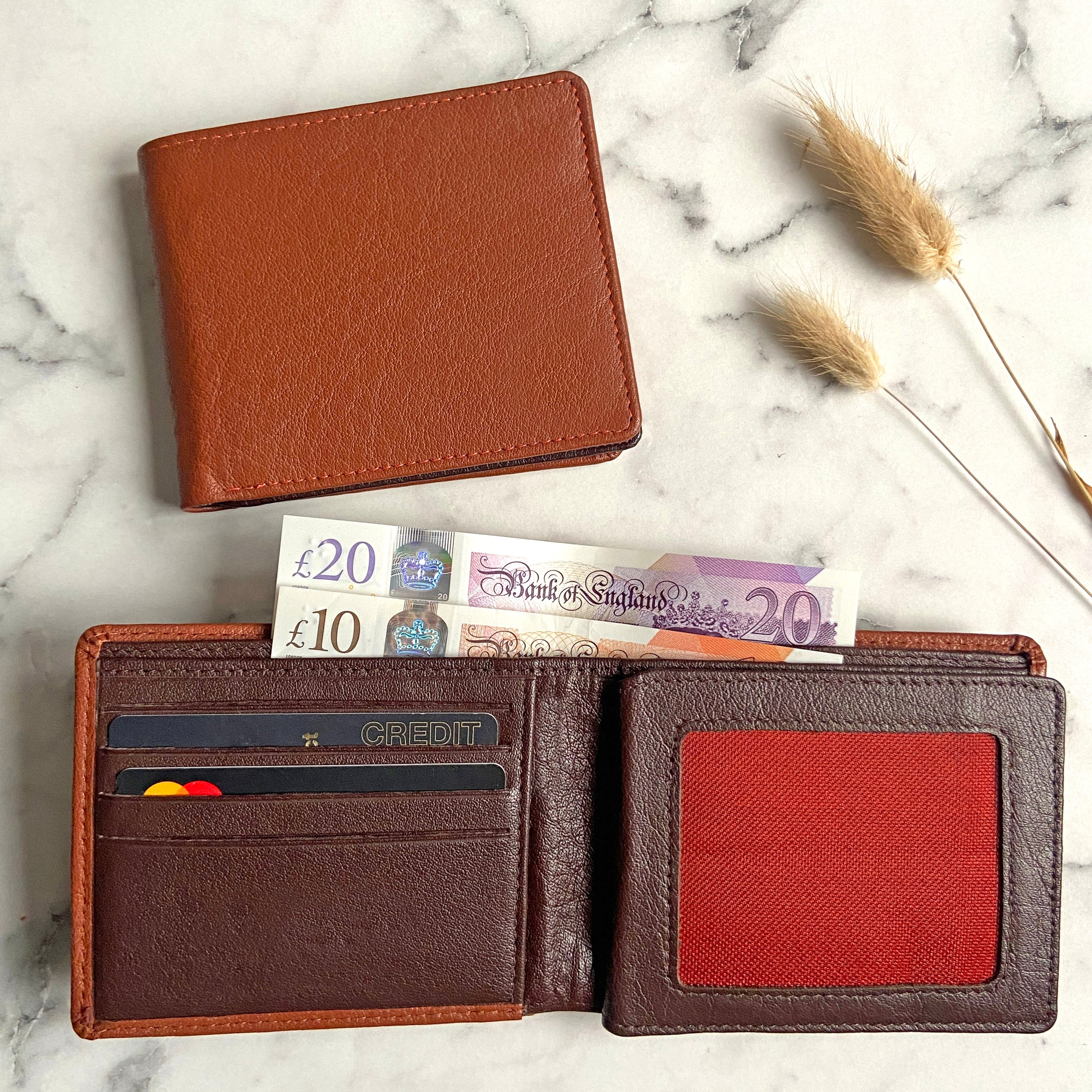 Tan And Brown Leather Wallet With Rfid Protection